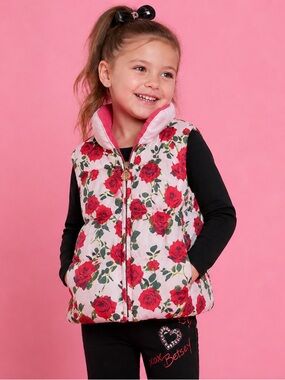 Betsey Johnson Girls 4T Floral Rose Print Puffer Vest Pink Winter Jacket